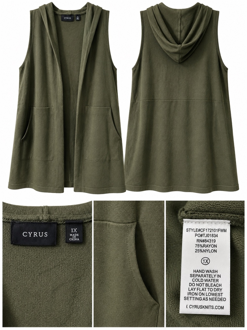 CYRUS Olive Green Hooded Duster Vest — 1X